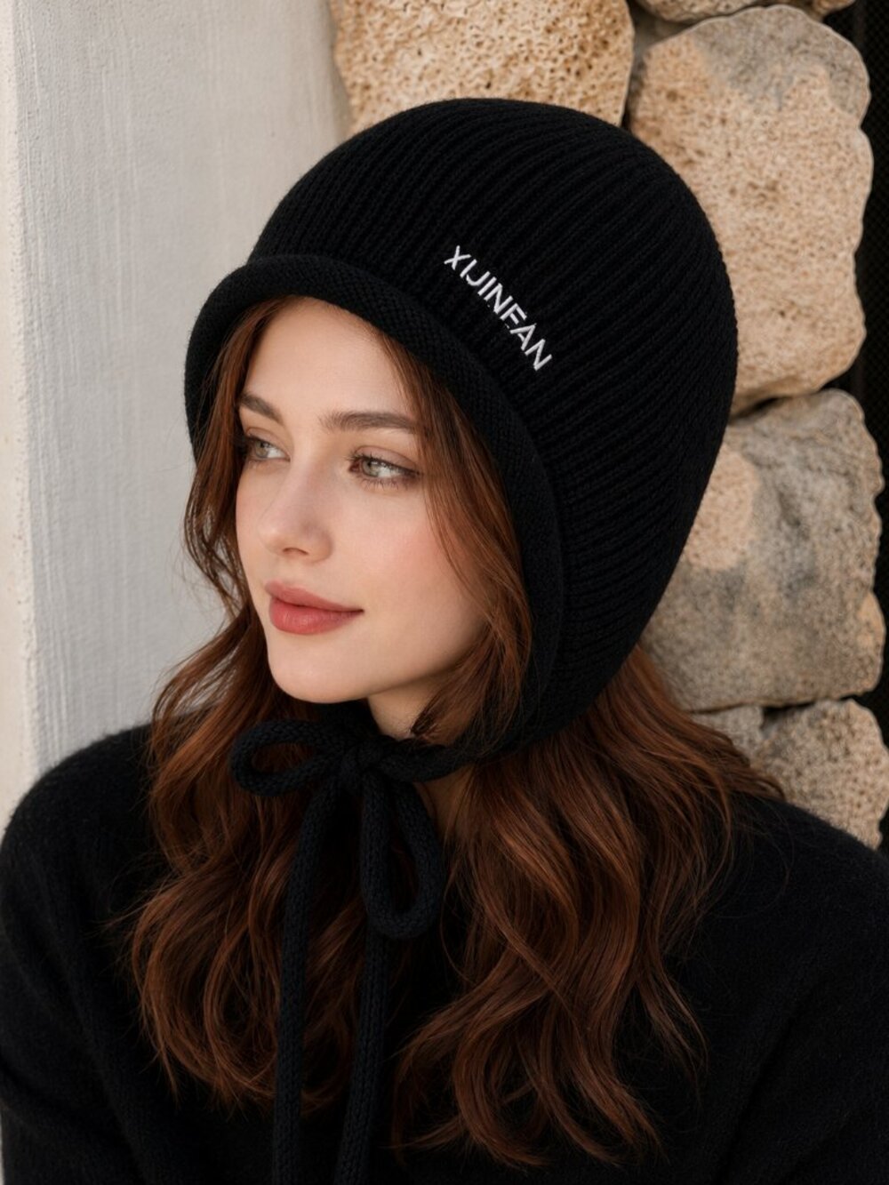Title  XUINFAN Black Knit Earflap Beanie Hat Tie Chin Winter Ski Cap